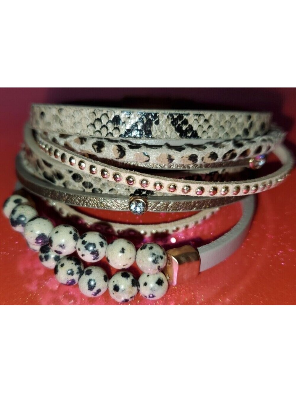 EXPRESS ANIMAL PRINT BEADED & STUDDED LEATHER MAGNETIC CLOSURE MULTI BRACELET